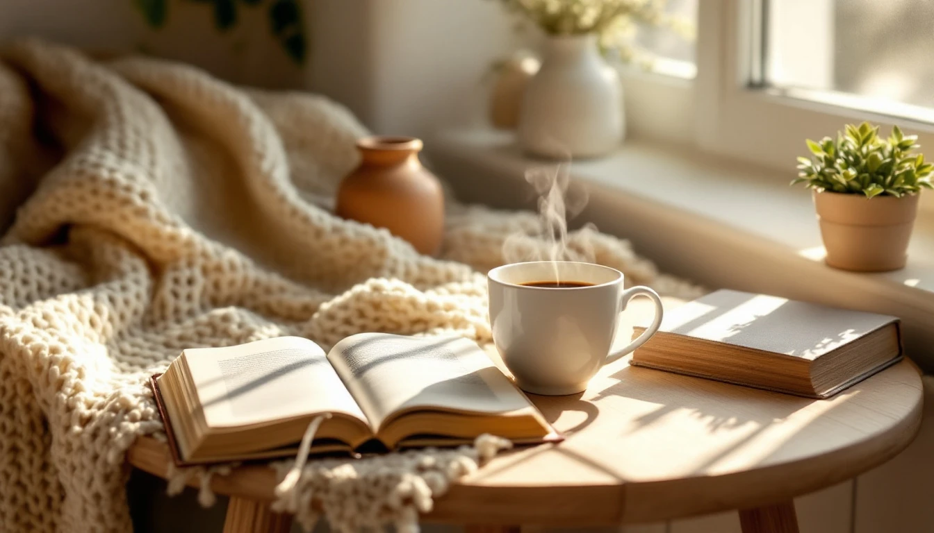 A sunlit morning corner with coffee, a book and a blanket.